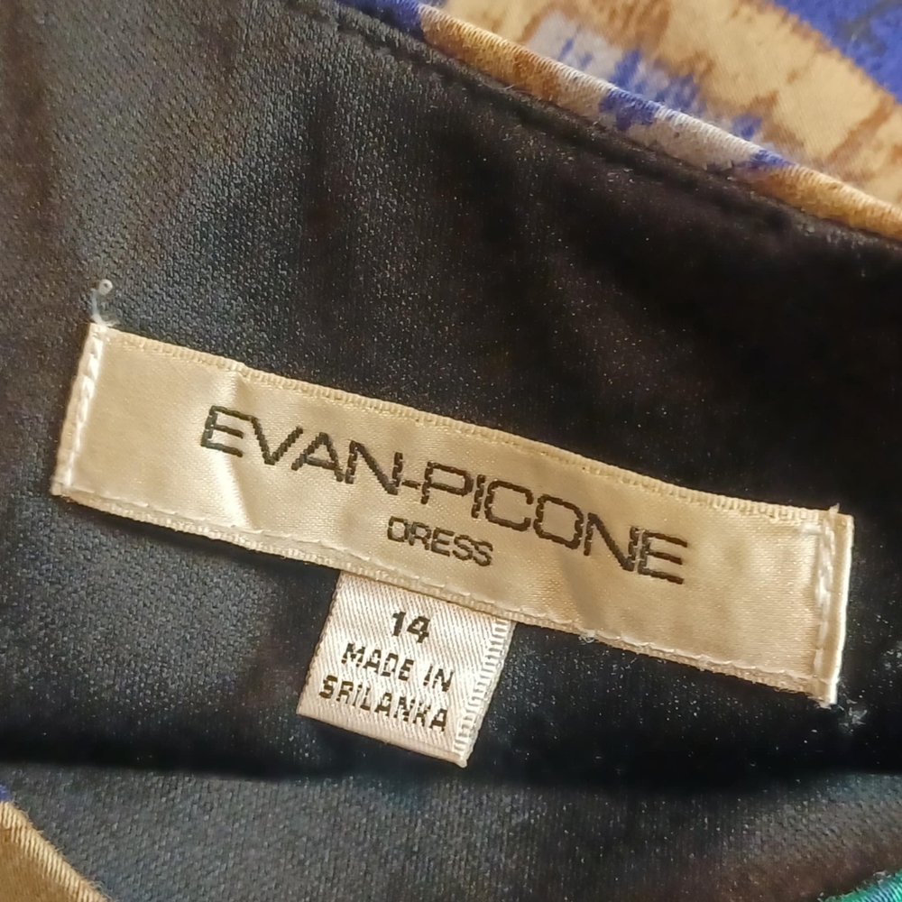 Evan Picone Midi Dress Womens 14 Peacock Color Geometric Casual Boho Belted READ - Picture 3 of 9
